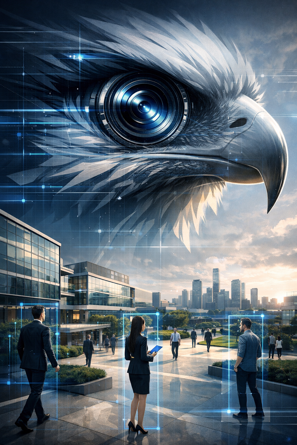 Garuda eagle eye with AI lens over corporate campus