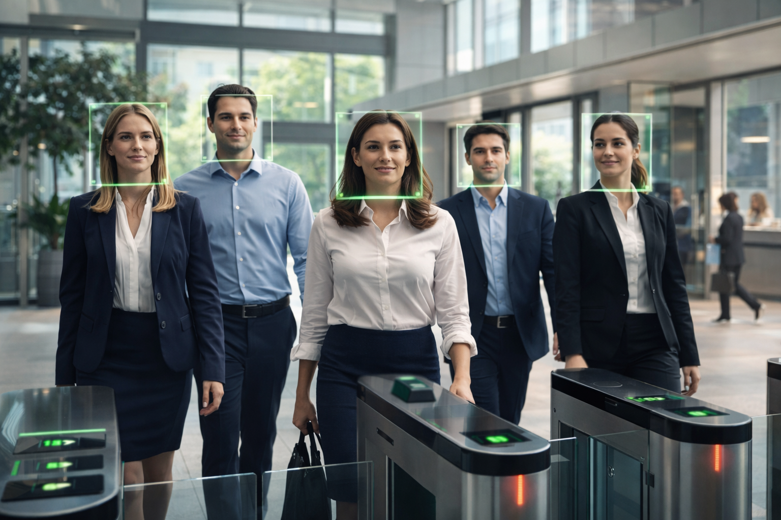 Employees entering a corporate lobby with multi-face recognition