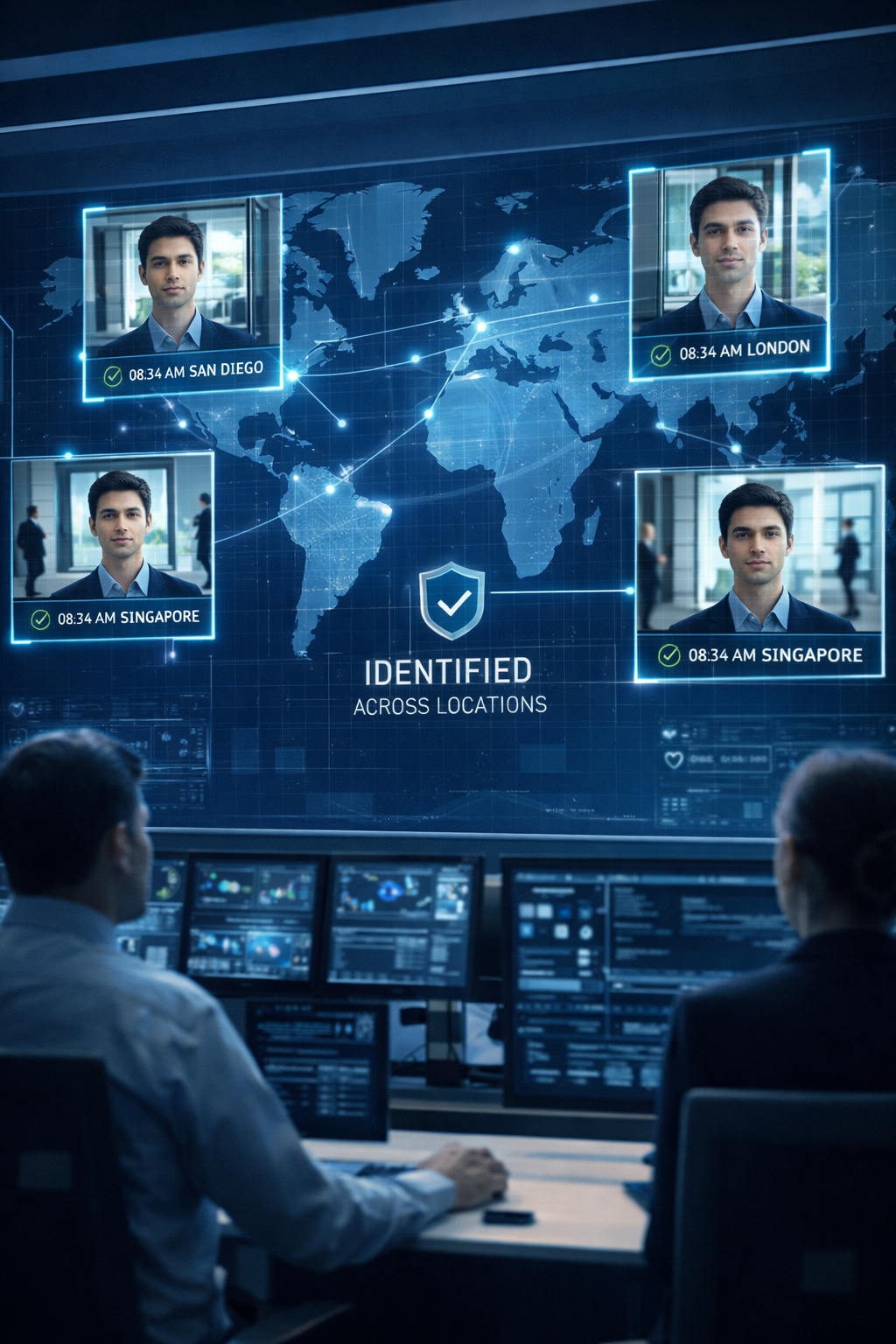 Global operations command center screen with multiple person identities